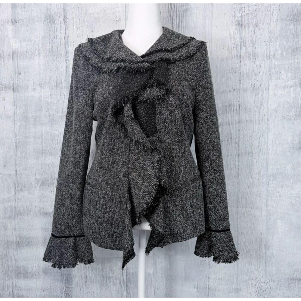 Beliza Blazer Women's Sz 12 Tweed Shaggy Ruffled Heather Black Lined